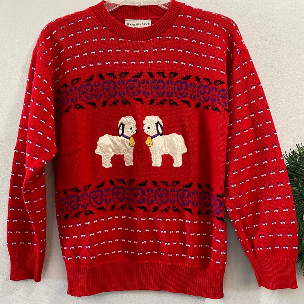 PRICE DROP Vintage Fair Isle Red Novelty Sweater Appliquéd Embroidered Lambs